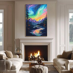 May include: A painting of a colorful aurora borealis over a mountain range and a river winding through a forest. The sky is a deep blue with pink, green, and yellow hues. The mountains are purple and blue, and the river is a light blue. The trees are dark green.