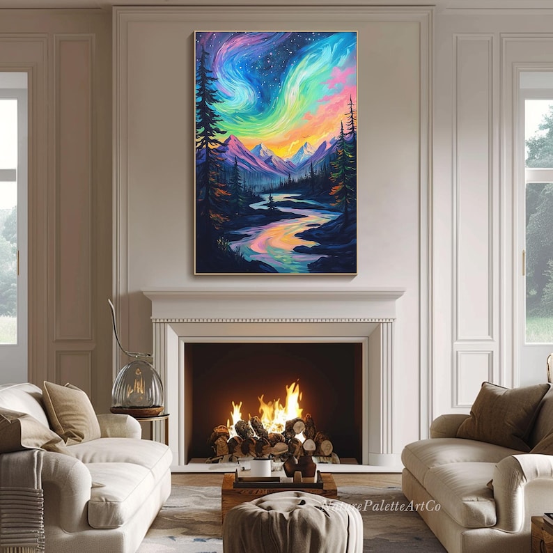 May include: A painting of a colorful aurora borealis over a mountain range and a river winding through a forest. The sky is a deep blue with pink, green, and yellow hues. The mountains are purple and blue, and the river is a light blue. The trees are dark green.