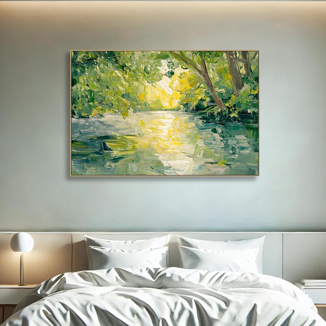 River Landscape Oil Painting on Canvas Green Forest Textured Wall Art ...