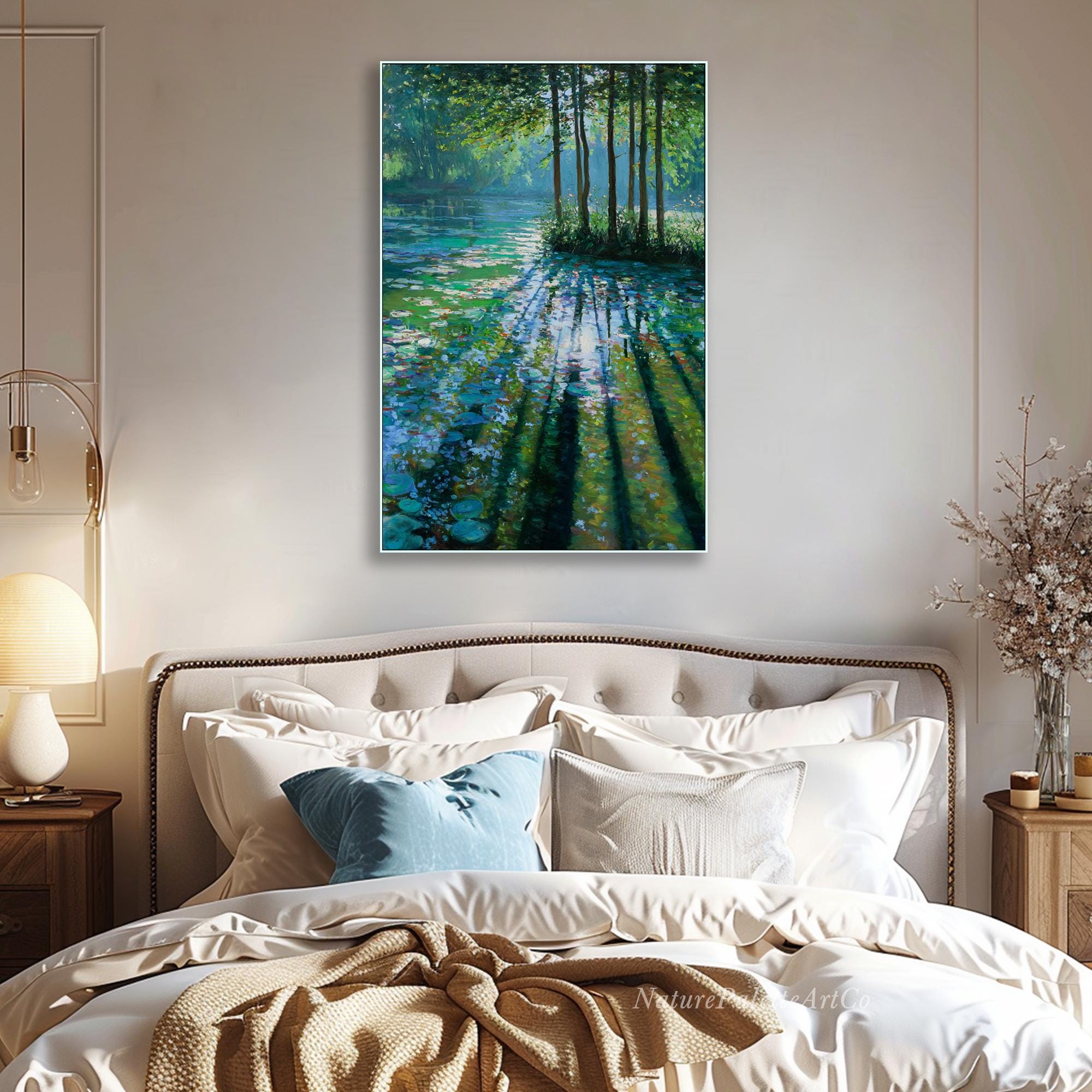 Impressionist Forest Lake Painting on Canvas Green Blue Reflection Oil ...