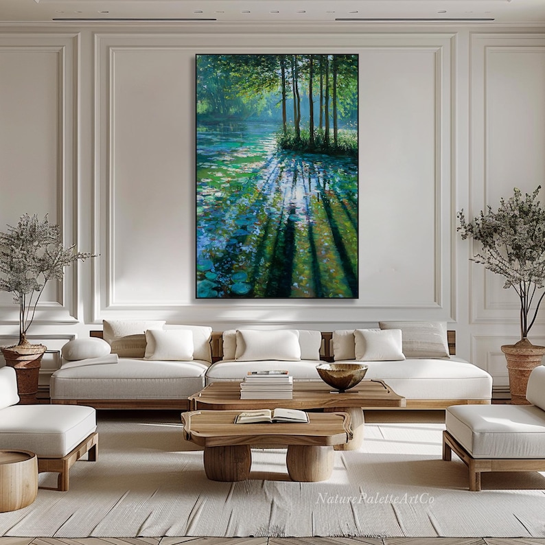 Impressionist Forest Lake Painting on Canvas Green Blue Reflection Oil ...