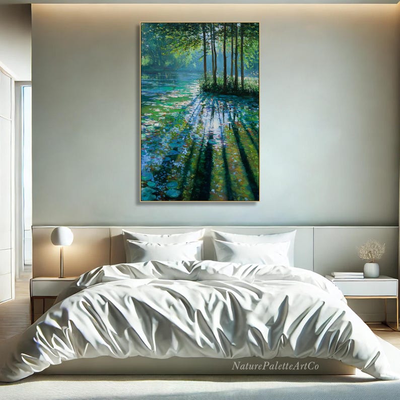 Impressionist Forest Lake Painting on Canvas Green Blue Reflection Oil ...