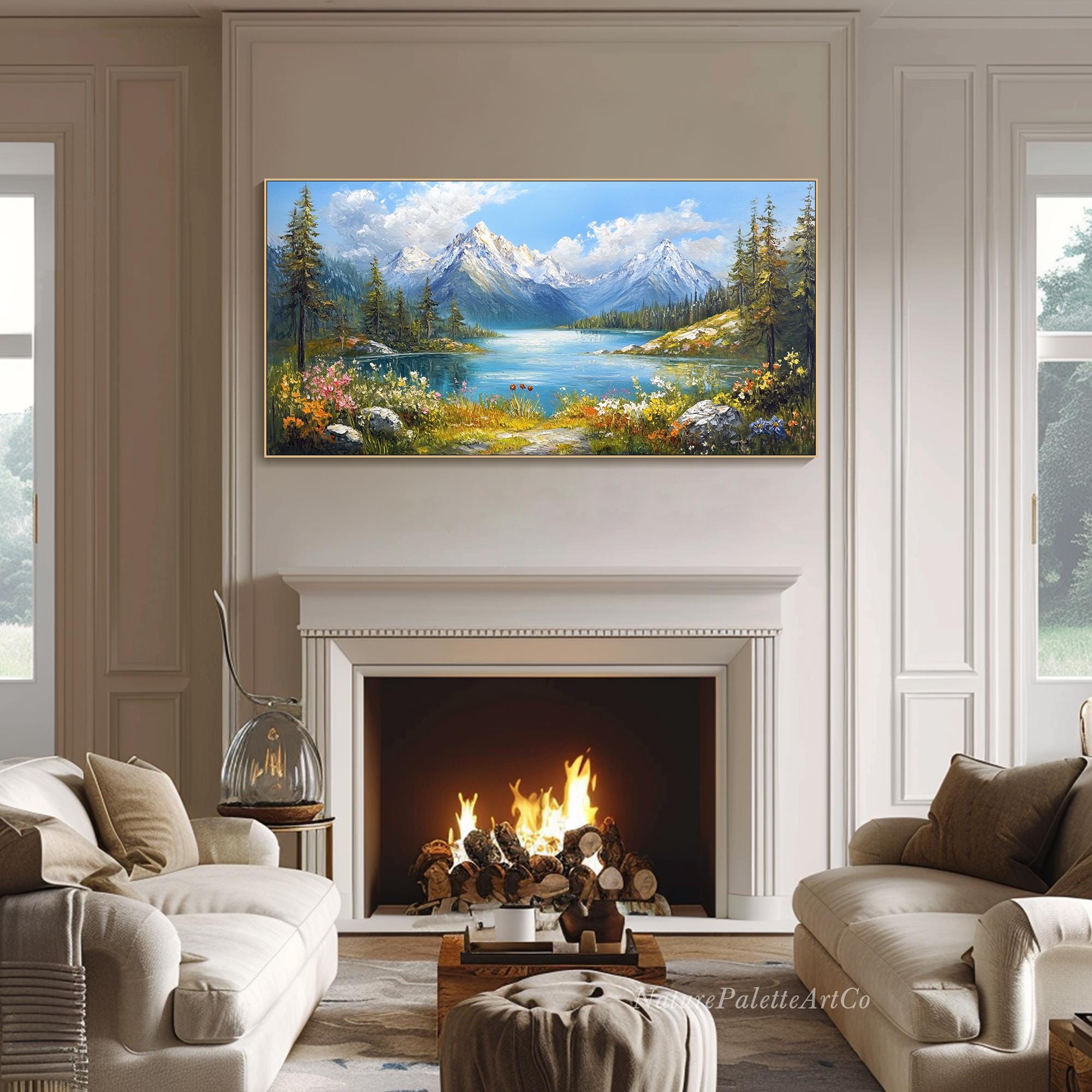 Large Mountain Lake Oil Painting on Canvas Landscape Textured Wall Art ...