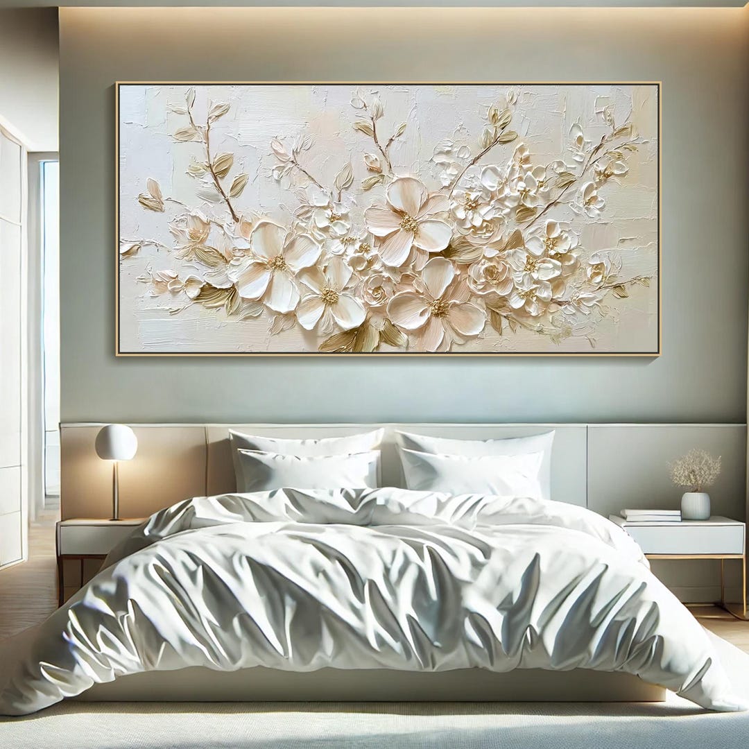 3D Textured White Flower Oil Painting Impasto Floral Wall Art Neutral ...