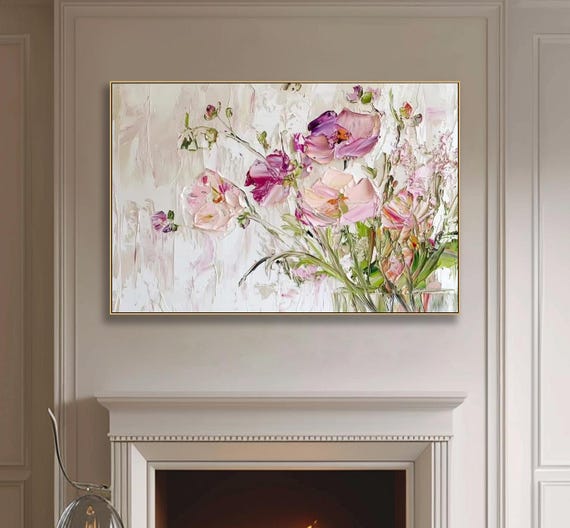 Impasto Pink Abstract Flower Oil Painting On Canvas Original Palette Knife Art Textured White Wall Art Floral Large Wall Art Over Sofa Decor