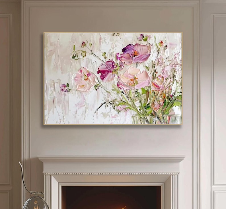 May include: A painting of a bouquet of pink and purple flowers with green stems and leaves. The flowers are painted in a loose, impressionistic style, with visible brushstrokes. The background is a light cream color.