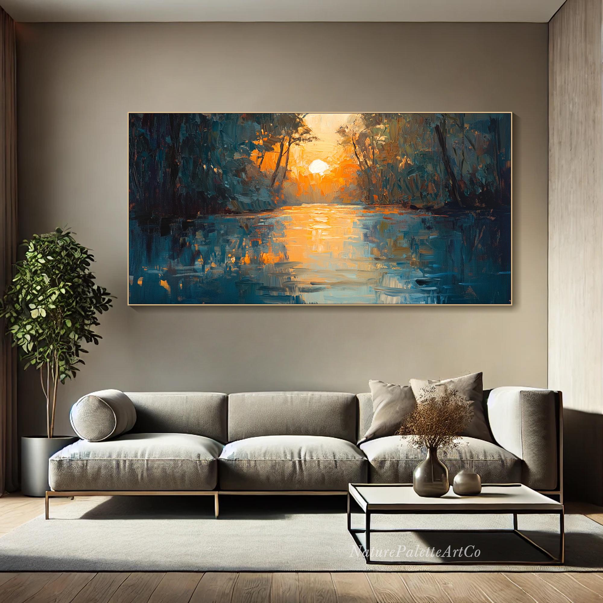 Sunset River Painting on Canvas 3D Abstract Textured Wall Art Vibrant ...