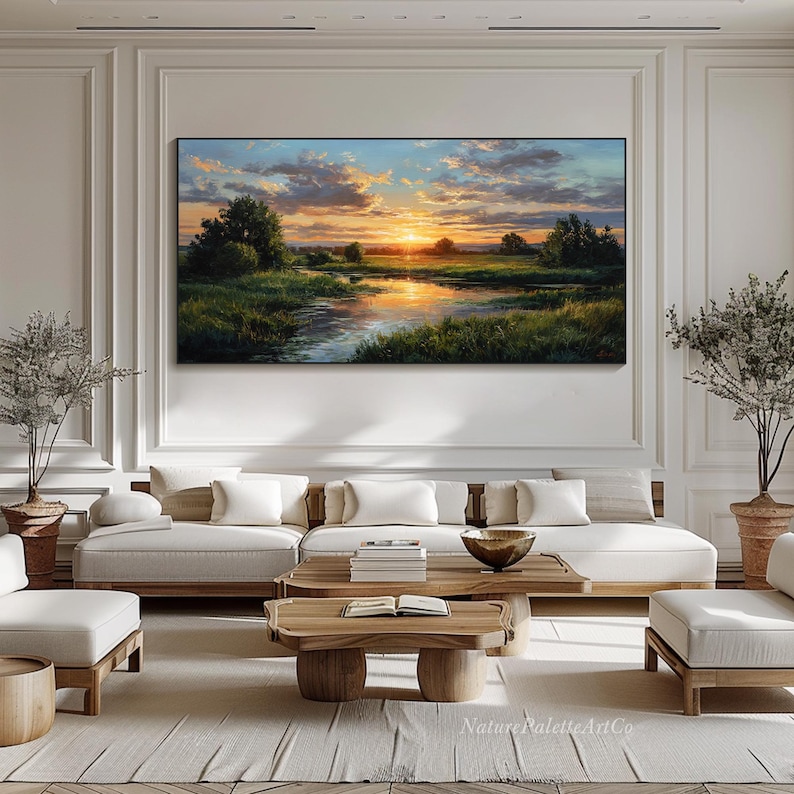Sunset River Landscape Oil Painting on Canvas Evening Meadow Impasto ...