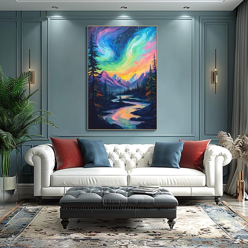 May include: A painting of a colorful aurora borealis over a mountain range and a river. The sky is a deep blue with streaks of pink, green, and yellow. The mountains are dark and silhouetted against the sky. The river is winding and reflects the colors of the aurora.