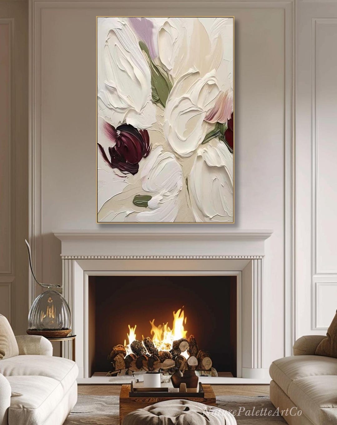 Original Floral Painting on Canvas 3D Textured Wall Art Modern White ...