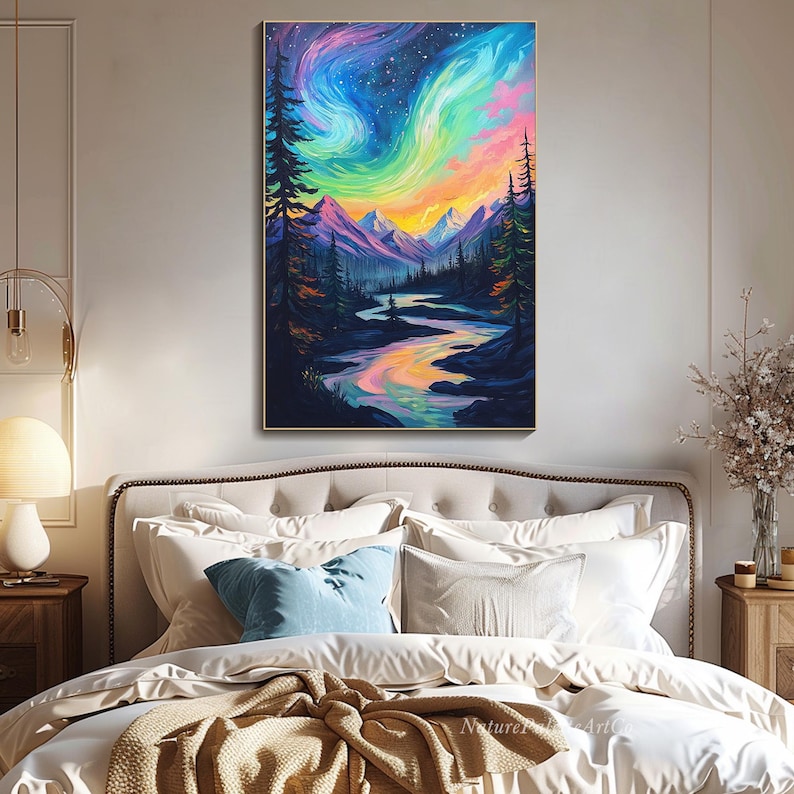 May include: A painting of a colorful aurora borealis over a mountain range and a winding river. The sky is a vibrant mix of pink, purple, green, and blue, with stars scattered throughout. The mountains are a dark purple, and the river is a light blue. The trees are a dark green.