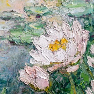 May include: Impasto oil painting of water lilies. The artwork features white and pink flowers with yellow centers, set against a backdrop of green lily pads and water. The brushstrokes are thick and textured, creating a three-dimensional effect.
