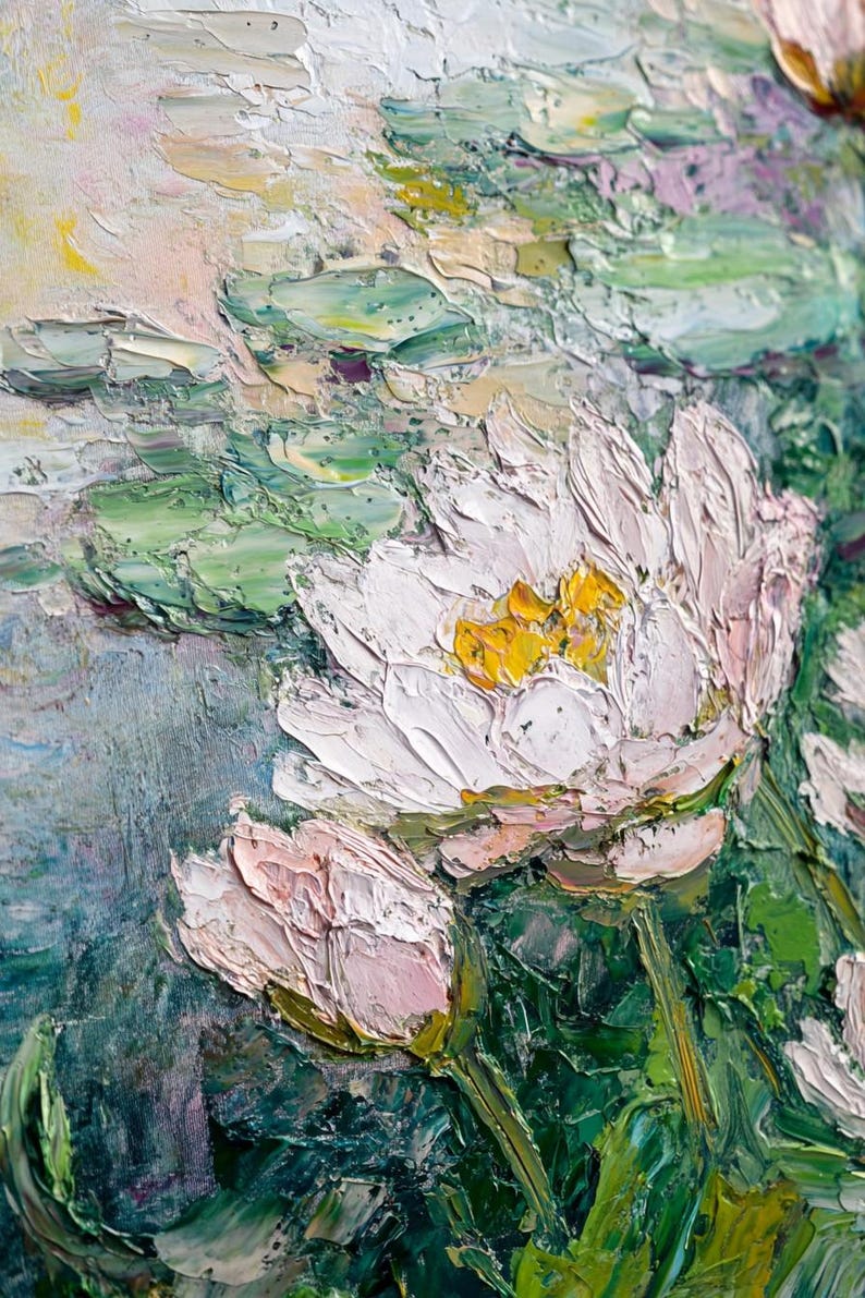 May include: Impasto oil painting of water lilies. The artwork features white and pink flowers with yellow centers, set against a backdrop of green lily pads and water. The brushstrokes are thick and textured, creating a three-dimensional effect.