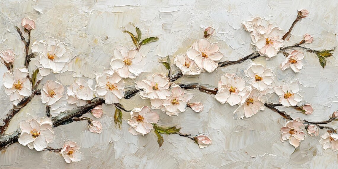 Cherry Blossoms Oil Painting 3D Textured Floral Wall Art Elegant Pink ...
