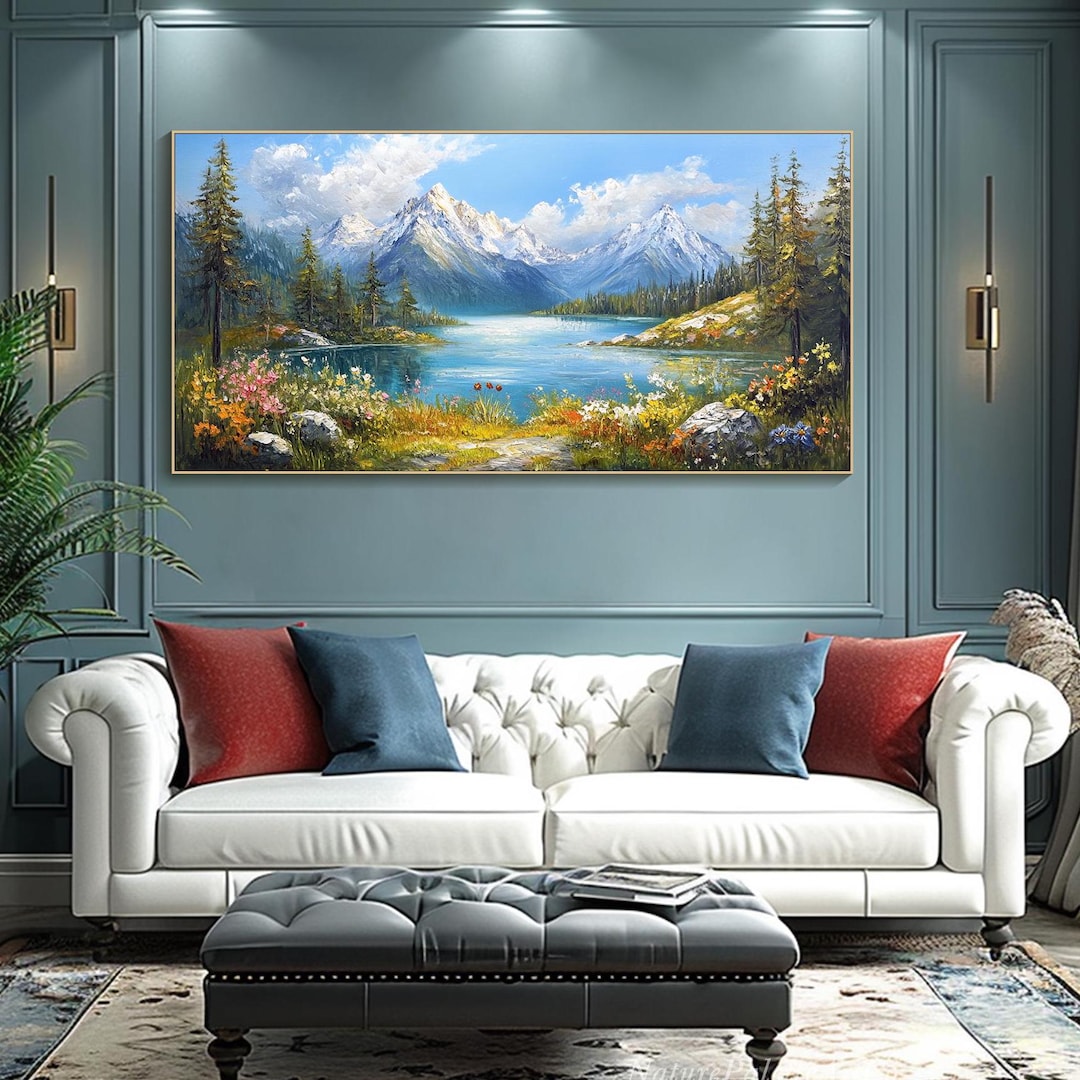 Large Mountain Lake Oil Painting on Canvas Landscape Textured Wall Art ...