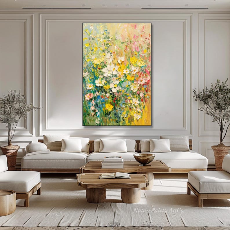 May include: A large framed oil painting depicting a colourful floral scene with yellow, white, and pink flowers. The artwork uses a textured, impasto technique, set against green and yellow tones. The painting is displayed in a contemporary living room.