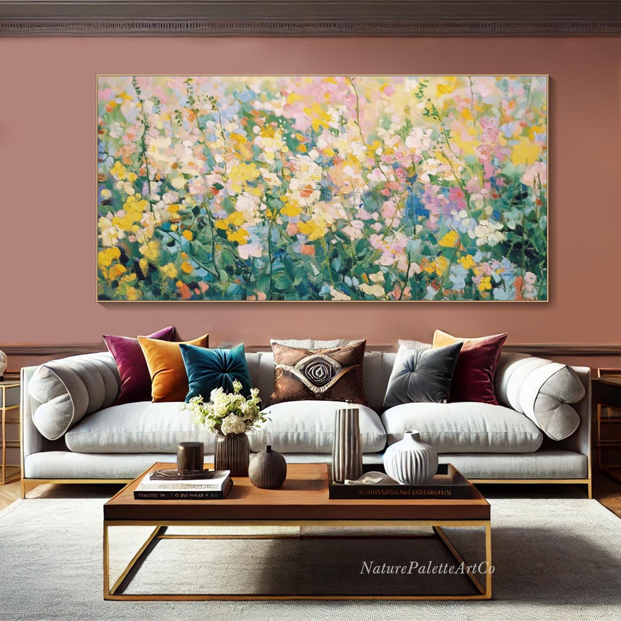 Original Colorful Garden Painting on Canvas 3D Textured Floral Wall Art Bright Botanical Art Hand Painted Vibrant Flower Living Room WallArt