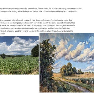 Pu&ograve; includere: Due dipinti di paesaggi di campi sotto un cielo nuvoloso. L'immagine a sinistra mostra un campo di colture verdi con alberi e cielo blu. L'immagine a destra &egrave; un dipinto di un campo con una strada sterrata e grandi nuvole bianche.