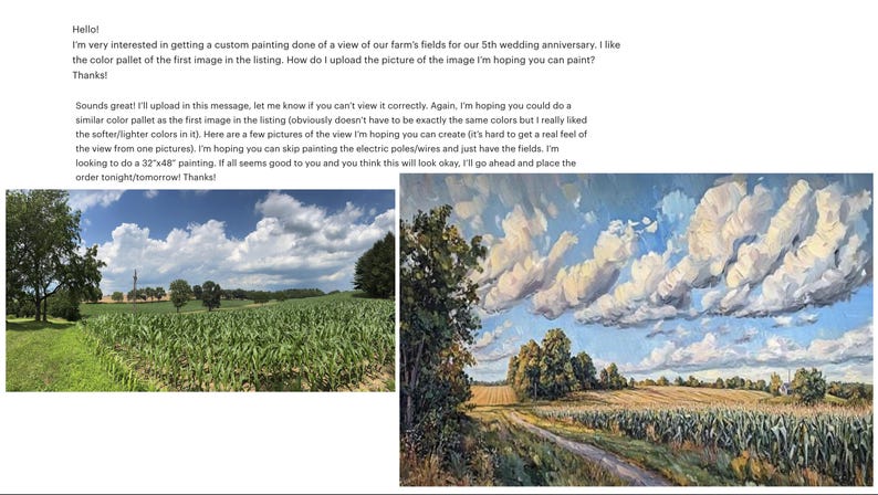 Pu&ograve; includere: Due dipinti di paesaggi di campi sotto un cielo nuvoloso. L'immagine a sinistra mostra un campo di colture verdi con alberi e cielo blu. L'immagine a destra &egrave; un dipinto di un campo con una strada sterrata e grandi nuvole bianche.