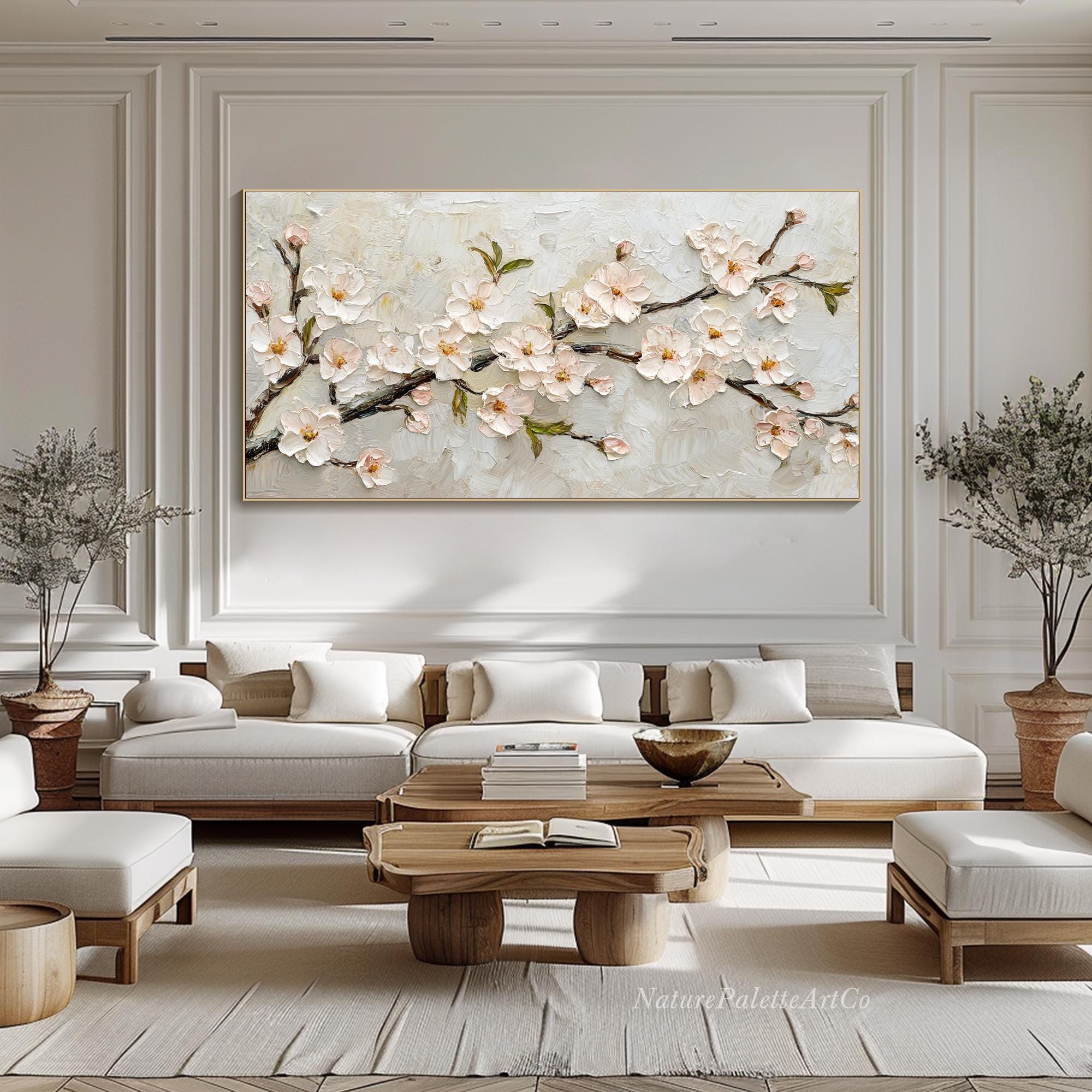 Cherry Blossoms Oil Painting 3D Textured Floral Wall Art Elegant Pink ...