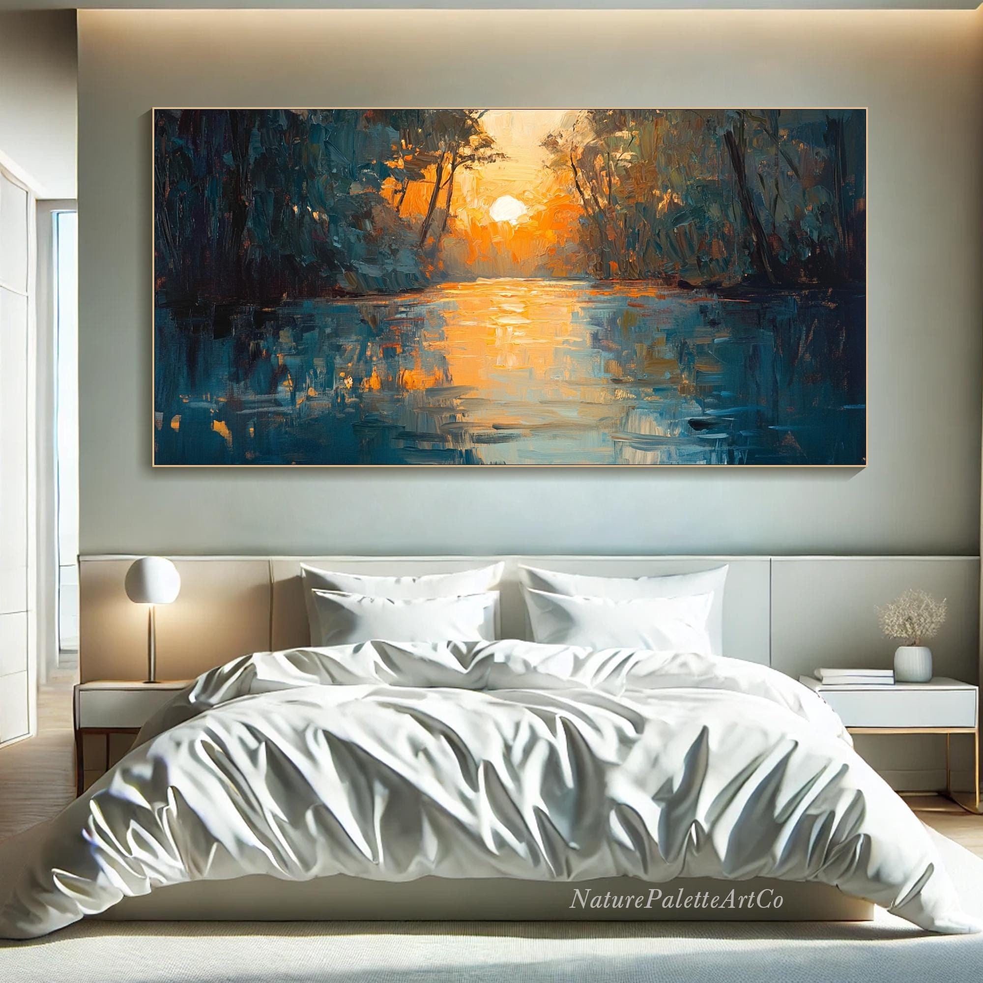 Sunset River Painting on Canvas 3D Abstract Textured Wall Art Vibrant ...