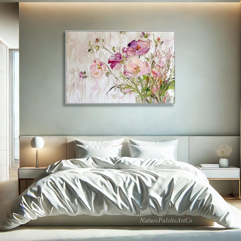 May include: A painting of a bouquet of pink and purple flowers in a vase. The flowers are painted in a realistic style with visible brushstrokes. The background is a light beige color.