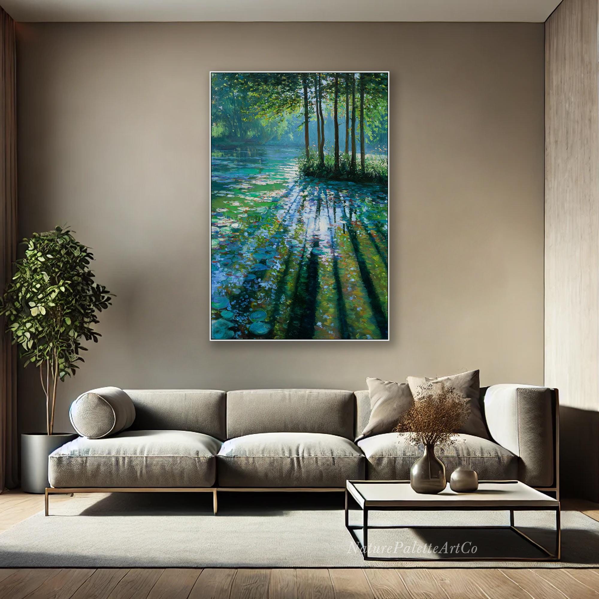 Impressionist Forest Lake Painting on Canvas Green Blue Reflection Oil ...