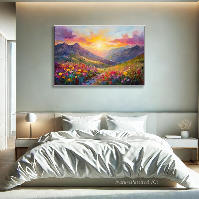 Colorful 3D Mountain Sunset Oil Painting on Canvas Vibrant Wildflower ...