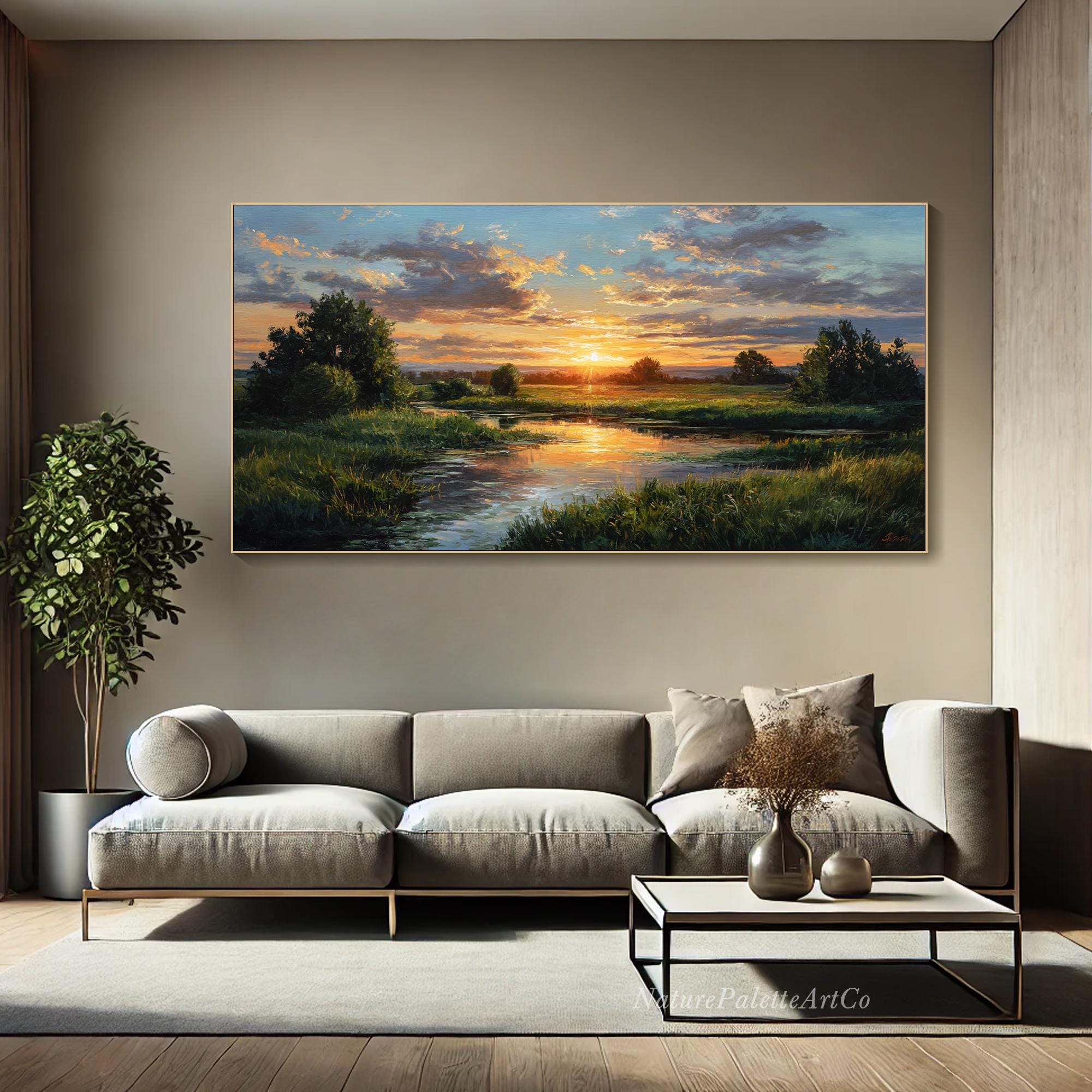 Sunset River Landscape Oil Painting on Canvas Evening Meadow Impasto ...