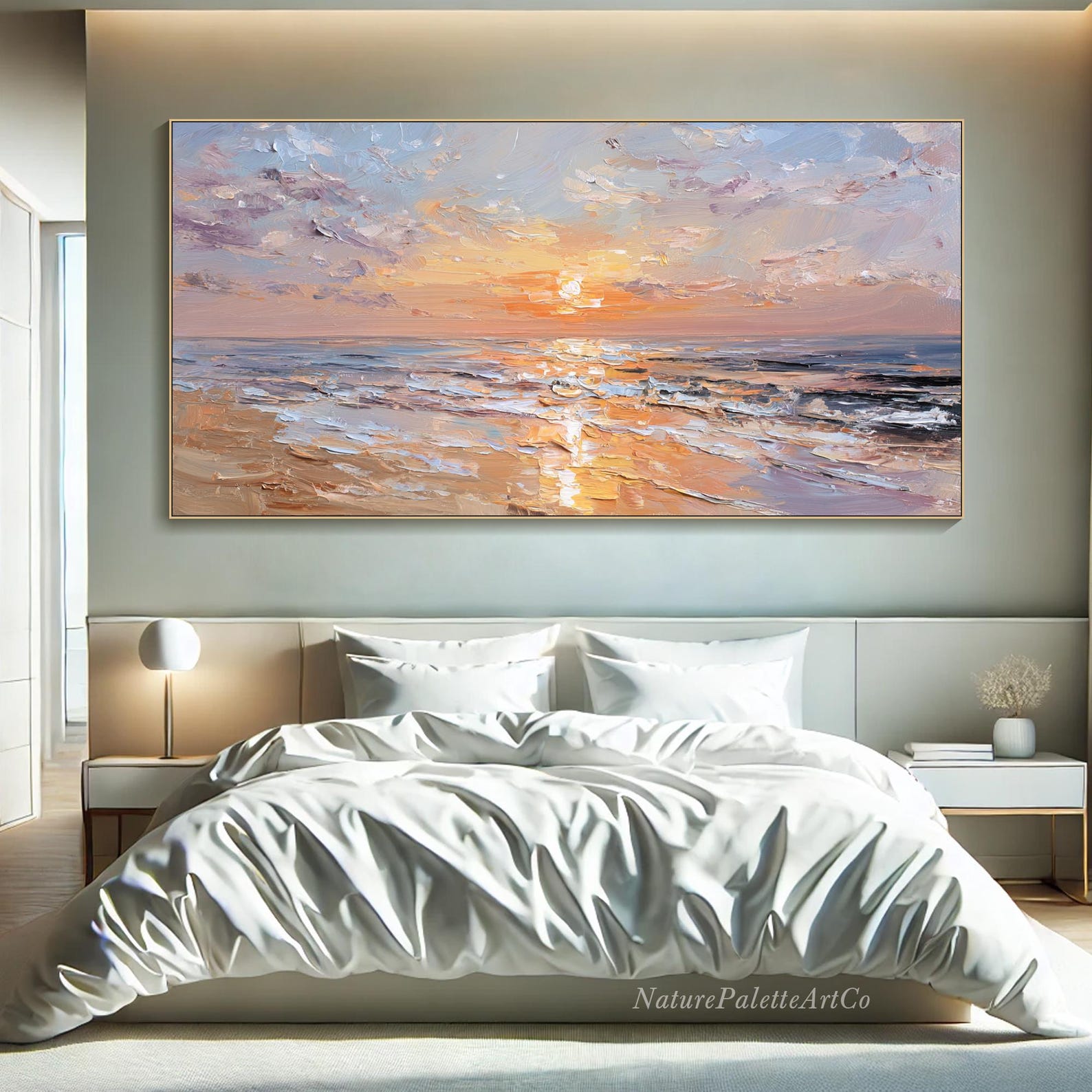 Pink Sunset Seascape Oil Painting on Canvas Ocean Waves Heavy Texture ...