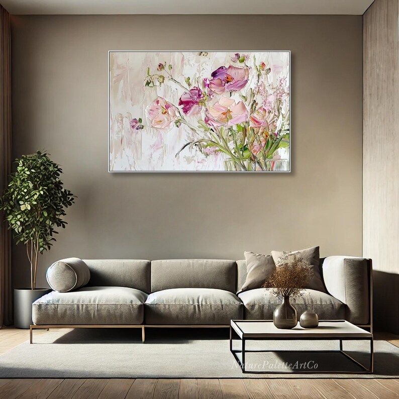 May include: A painting of a bouquet of pink and purple flowers with green stems and leaves on a white background. The flowers are painted in a realistic style with visible brushstrokes.
