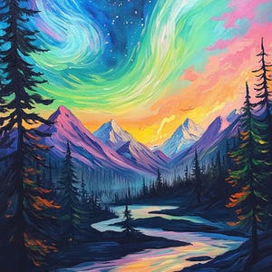 May include: A painting of a colorful aurora borealis over a mountain range with a river winding through the valley. The sky is a vibrant blue with streaks of green, pink, and purple. The mountains are a deep purple with snow-capped peaks. The river is a light blue with a shimmery effect.