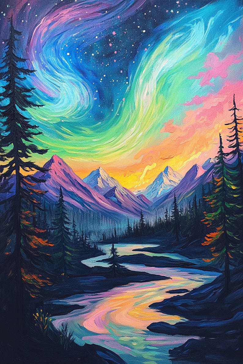 May include: A painting of a colorful aurora borealis over a mountain range with a river winding through the valley. The sky is a vibrant blue with streaks of green, pink, and purple. The mountains are a deep purple with snow-capped peaks. The river is a light blue with a shimmery effect.