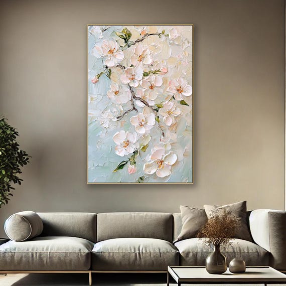 3D Cherry Blossom Oil Painting Textured White Flower Wall Art  Original Palette Knife Impasto Floral Art Large Soft Pastel Flower Wall Decor