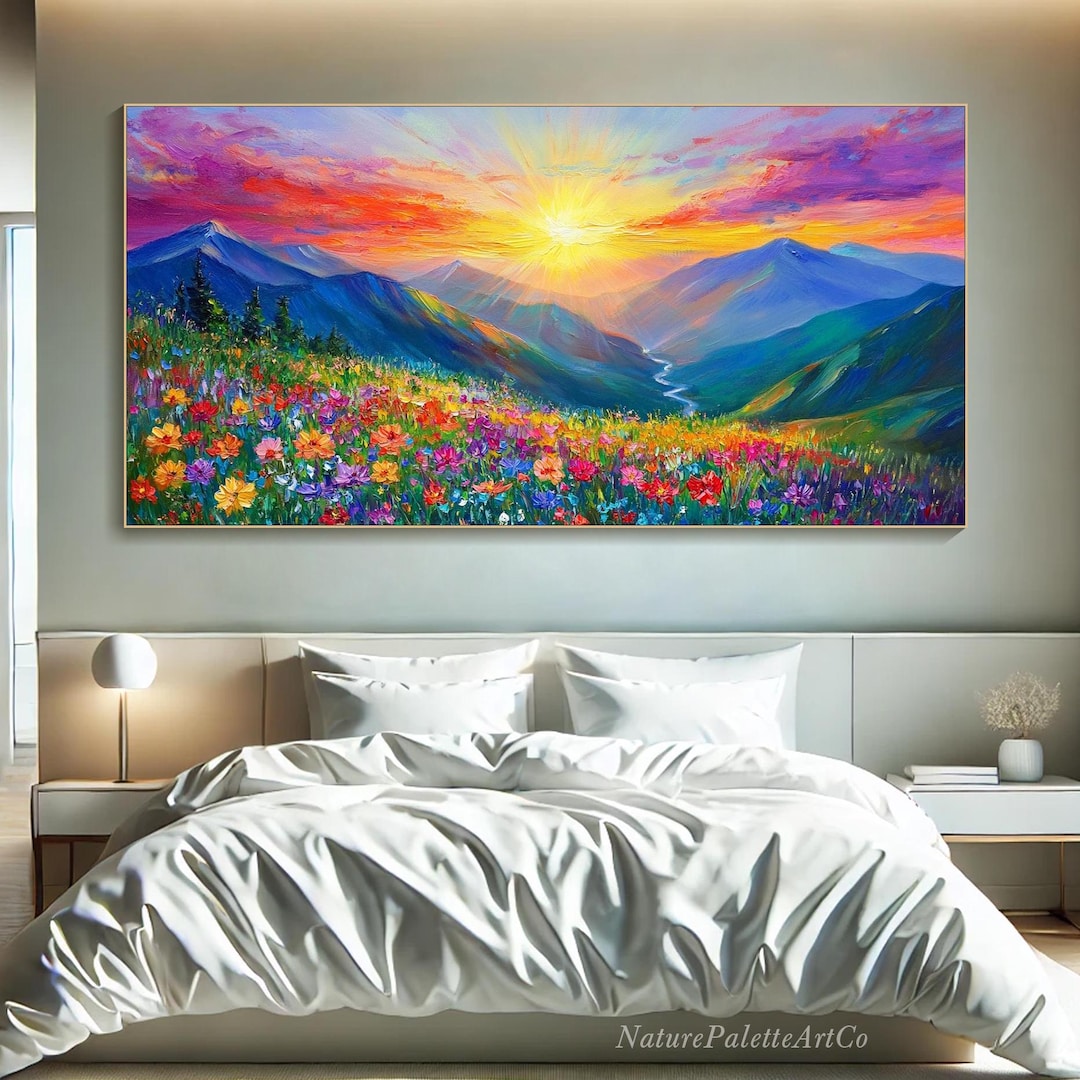 Large Textured Landscape Wall Art Sunset Mountain Oil Painting on ...