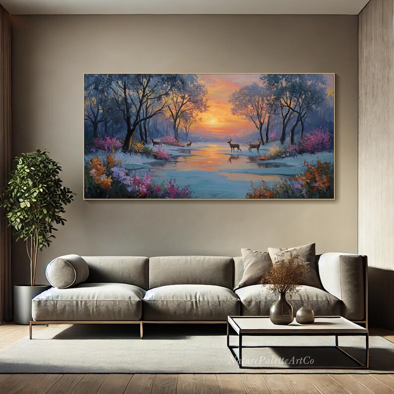 Deer Forest Art Sunset Woodland Painting on Canvas Textured Wall Art ...