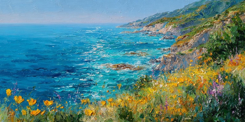 Coastal Landscape Oil Painting on Canvas Mediterranean Sea Cliff ...