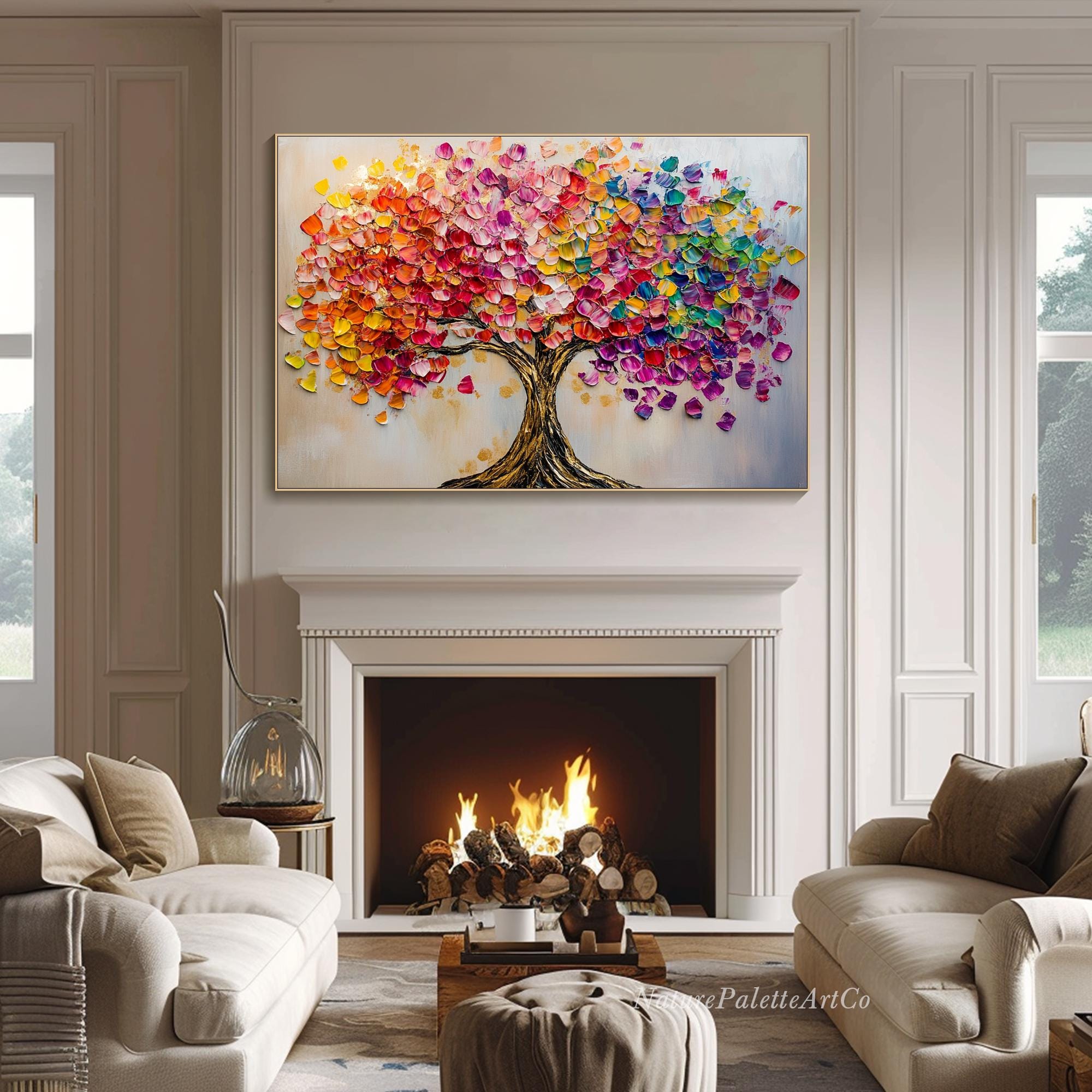 Colorful Abstract Tree Painting on Canvas 3D Textured Rainbow Petal ...
