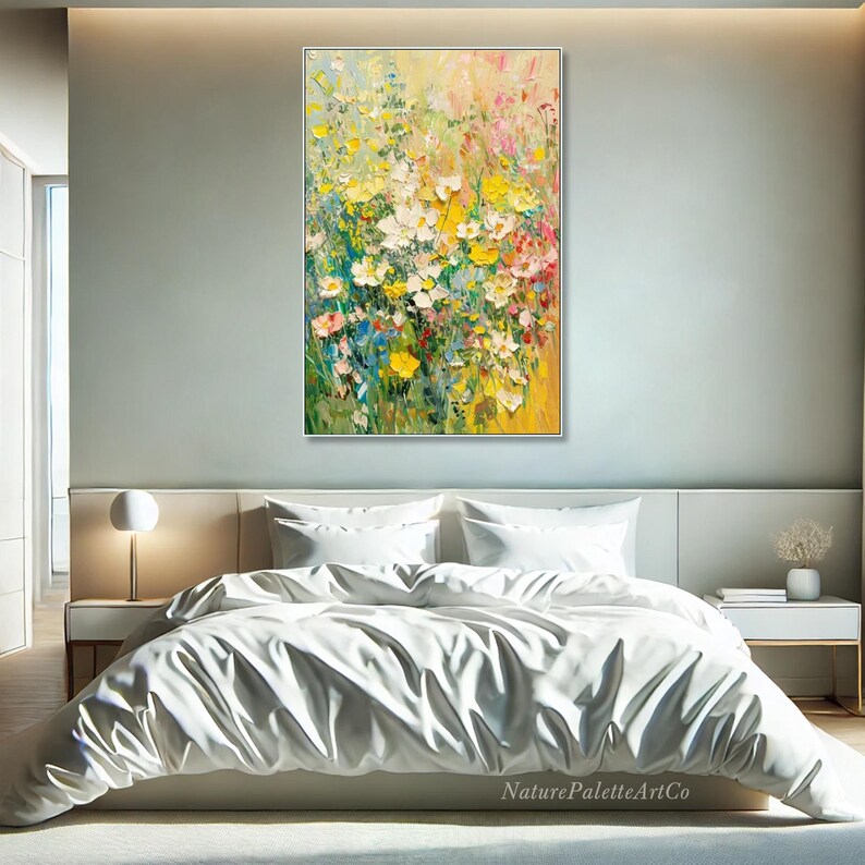 May include: An abstract floral painting in a white frame. The artwork features a vibrant mix of yellow, white, pink, and green flowers. The painting is displayed above a bed with white bedding. The artist's name, NaturePaletteArtCo, is visible.