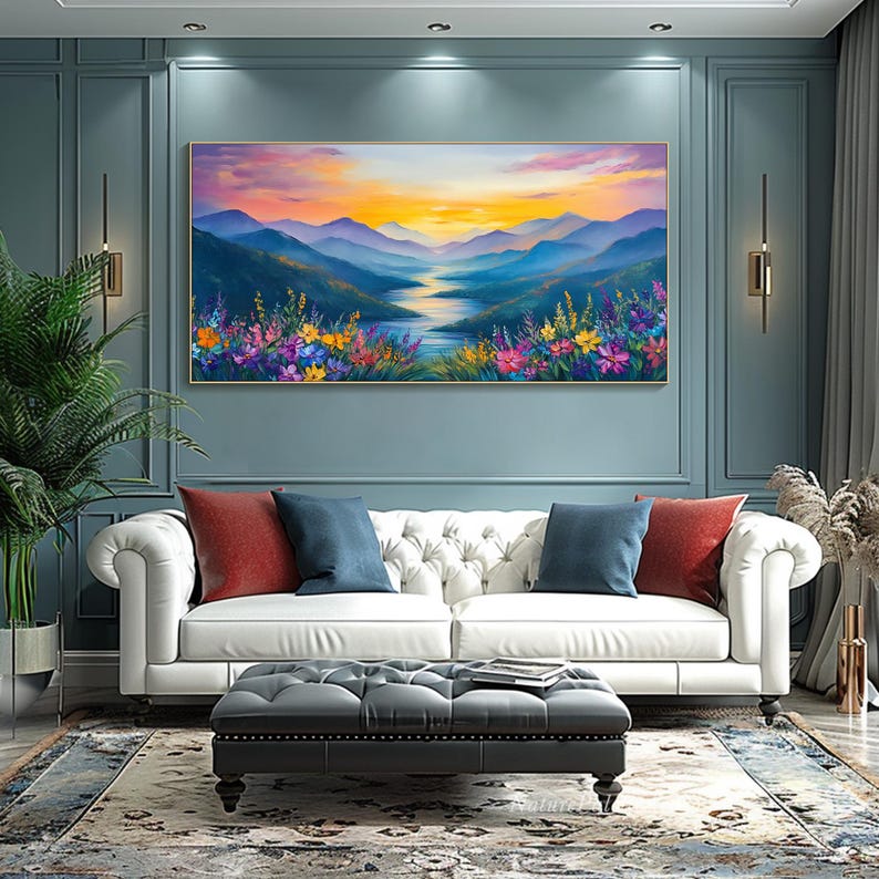 Colorful Mountain Painting on Canvas 3D Texture Wildflower Wall Art ...