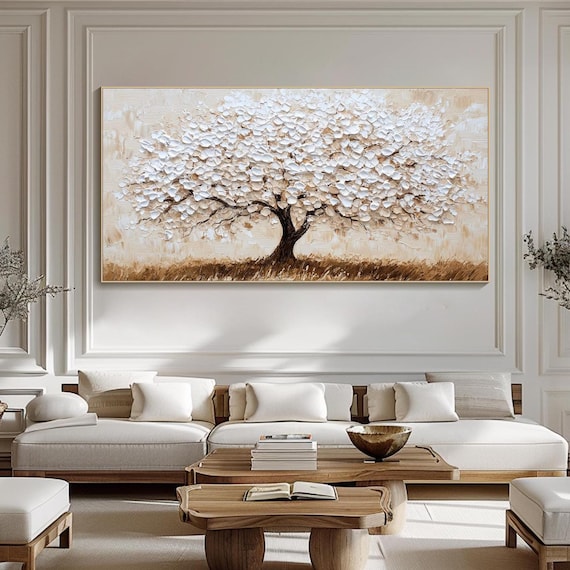 Abstract Tree Painting On Canvas 3D Modern Textured Wall Art White Blossom Tree Canvas Neutral Tone Impasto Artwork Large Living Room Art