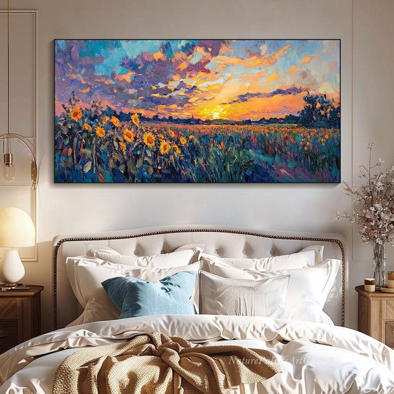 Sunset Landscape Oil Painting on Canvas Vibrant Wildflowers Textured ...