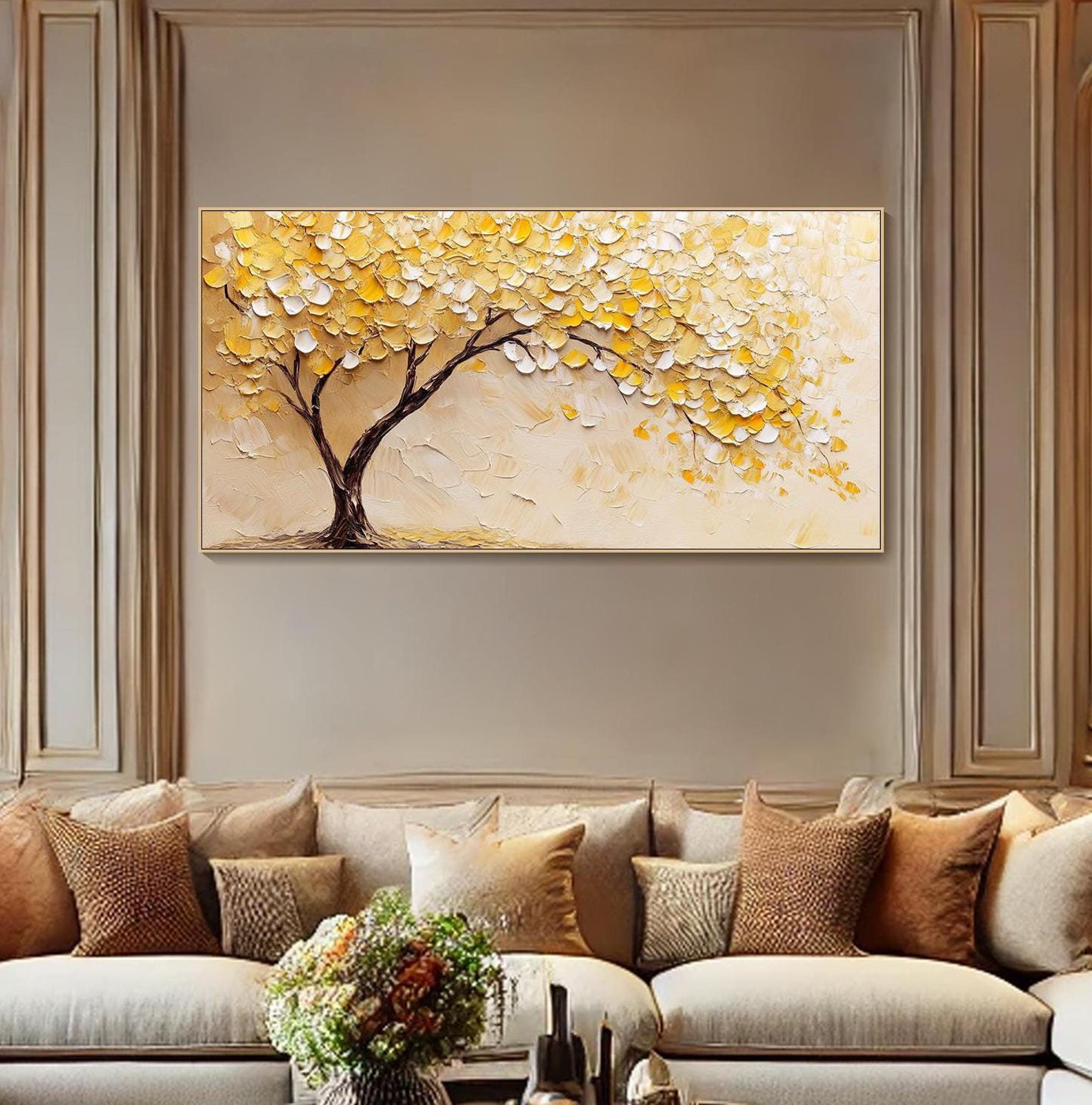 Golden Yellow Tree Painting on Canvas 3D Textured Abstract Nature Wall ...