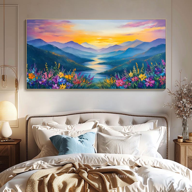 Colorful Mountain Painting on Canvas 3D Texture Wildflower Wall Art ...