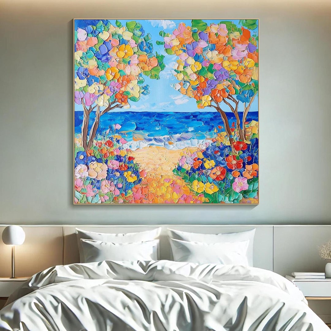 Floral Seaside Painting on Canvas 3D Abstract Texture Wall Art Colorful ...