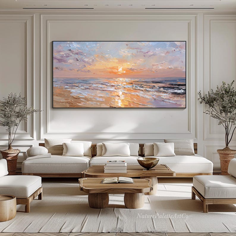 Pink Sunset Seascape Oil Painting on Canvas Ocean Waves Heavy Texture ...