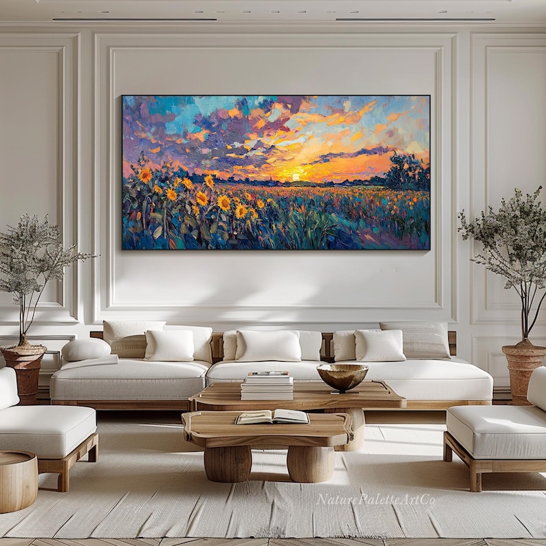 Sunset Landscape Oil Painting on Canvas Vibrant Wildflowers Textured ...