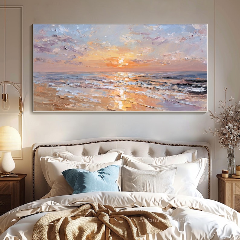 Pink Sunset Seascape Oil Painting on Canvas Ocean Waves Heavy Texture ...