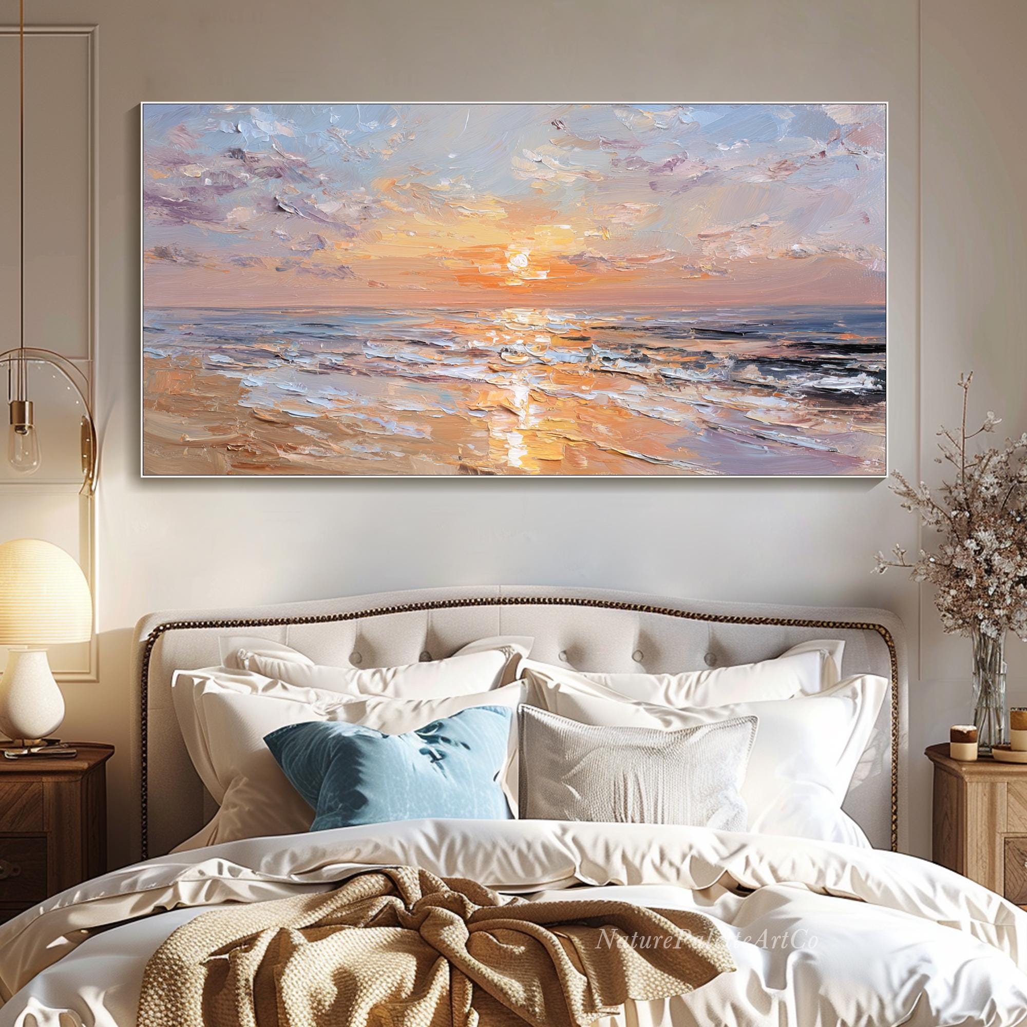 Pink Sunset Seascape Oil Painting on Canvas Ocean Waves Heavy Texture ...