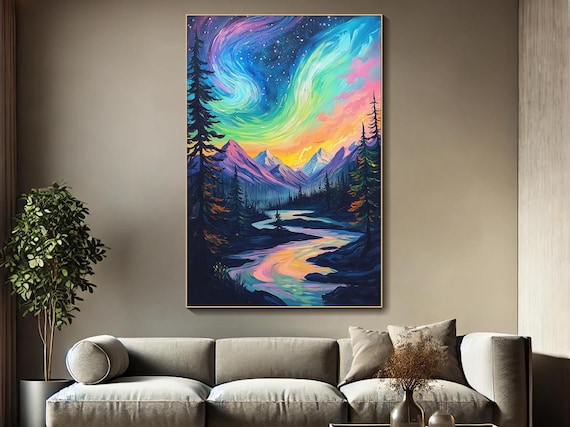 Colorful Night Sky Textured Wall Art Northern Lights Landscape Oil Painting on Canvas Pine Tree Mountains River Art Unique Living Room Art